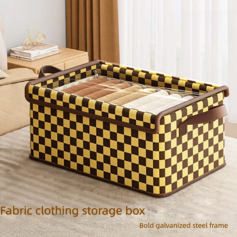 Checkered Fabric Clothing Storage Box - Galvanized Steel Frame - Breathable, Moisture-Proof, Foldable, Home Organizer - With Lid