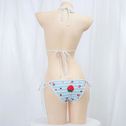 Cute Bikini Swimwear Women 2025 Strawberry Print Girl Lace Up Bathing Suit Low Waist Mini Bikinis Sets Beach Swimsuit