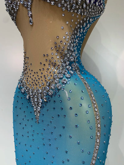 Women Sexy Evening Party Gowns Sparkly Diamonds See Through Mesh Stretch Asymmetrical Dress Celebrity Elegant Singer Outfit