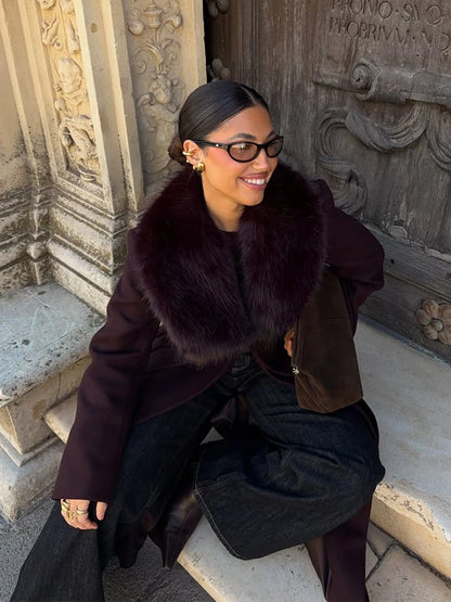 Fur Collar Patchwork V-neck Woolen Overcoat Women long Sleeve Waist Cinched Lace Up Coats Lady Party Daily Outdoor Casual Attire