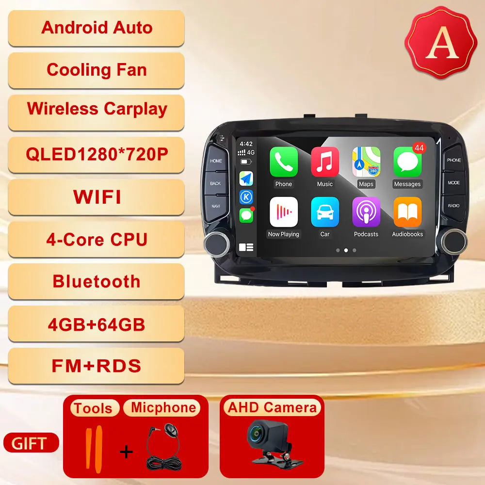 GPS Navigation Android 15 Auto Carplay 7" For FIAT 500 2016 - 2019 Stereo Multimedia Player 4G WIFI Bluetooth DSP 360 Camera