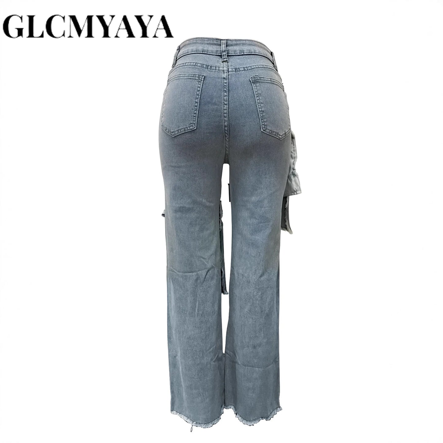GLCMYAYA Women's Straight Ripped  Jeans 2025 New Fashion Street Pocket Patchwork Sexy Long Pants Trousers Blue Vintage Pants