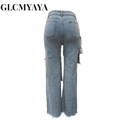 GLCMYAYA Women's Straight Ripped  Jeans 2025 New Fashion Street Pocket Patchwork Sexy Long Pants Trousers Blue Vintage Pants