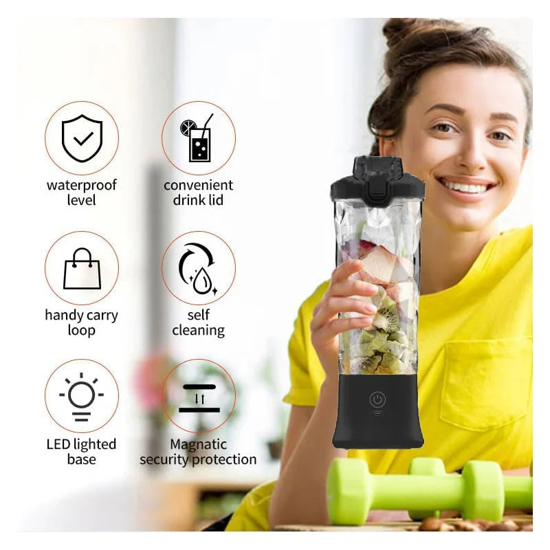 Portable blender with 20oz cup, USB-C rechargeable, self-cleaning, cordless for smoothies, gym, office.