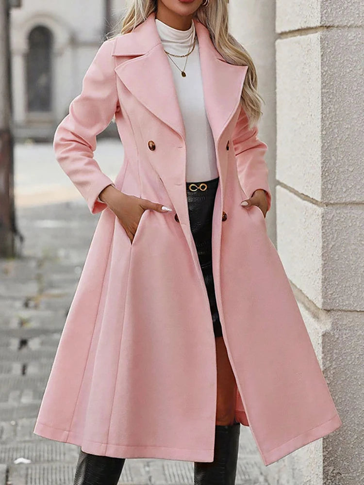 JULISSA MO Turn-down Collar A-line Women Coat Pink Long Sleeve Double Breasted Coat Female Winter Slim Fashion Streetwear 2024
