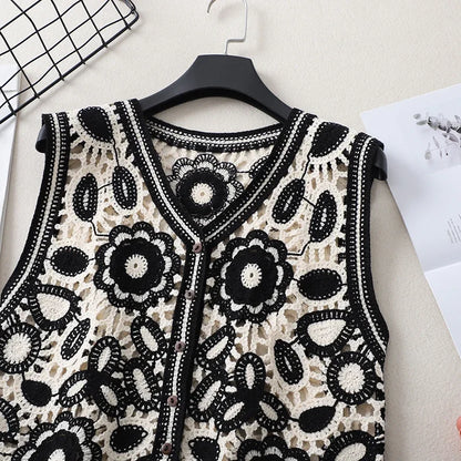 Floral Crochet Vest for Women Sheer Open-knit Flower Button Front Sleeveless Jacket Tank Top Summer Vacation Outfit