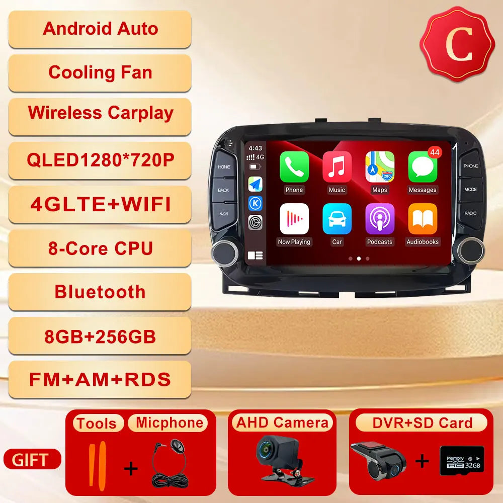 GPS Navigation Android 15 Auto Carplay 7" For FIAT 500 2016 - 2019 Stereo Multimedia Player 4G WIFI Bluetooth DSP 360 Camera