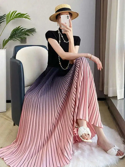 DEAT Women Gradient Color Skirt Elastic Waist Autumn 2024 New Loose Casual Versatile Fashion Tide Elegant Female 15KB594