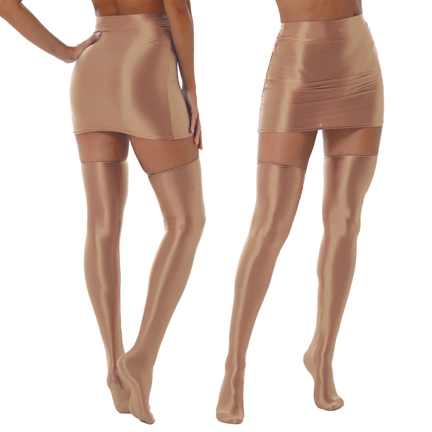 Women's Shiny Skirt Set Glossy Solid Color Lingerie Suit with Stockings Rave Bar Pole Dance Outfit Clubwear Performance Femme