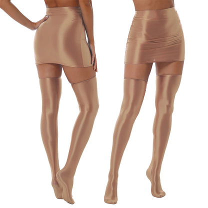Women's Shiny Skirt Set Glossy Solid Color Lingerie Suit with Stockings Rave Bar Pole Dance Outfit Clubwear Performance Femme