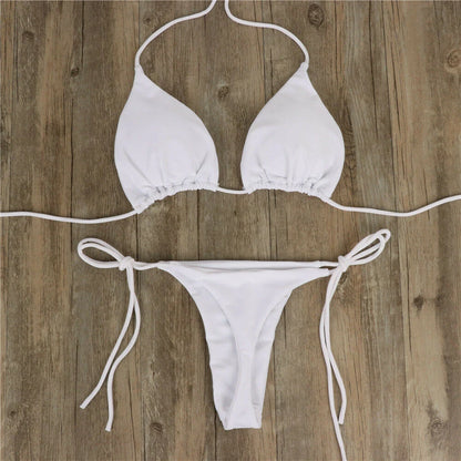 Women Thong Bikini Set Side Tie Sexy Swimsuit Bandage Style Swimwear Swimming Accessories Red/Blue/Black/White/Wine Red/Pink