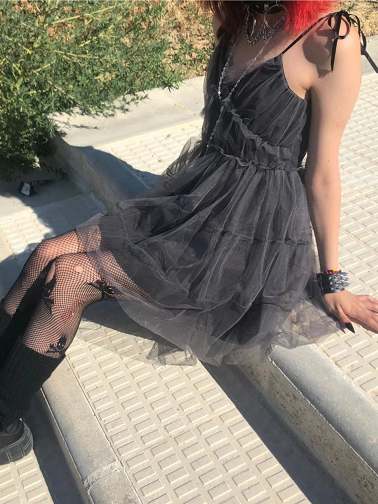 AltGoth Dark Gothic Mesh Dress Women Fairy Grunge Vintage Punk Strapless High Waist Dresses Harajuku Mall Goth Emo Alt Partywear