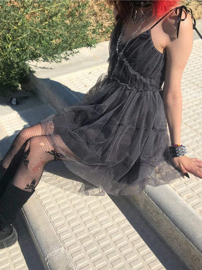 AltGoth Dark Gothic Mesh Dress Women Fairy Grunge Vintage Punk Strapless High Waist Dresses Harajuku Mall Goth Emo Alt Partywear