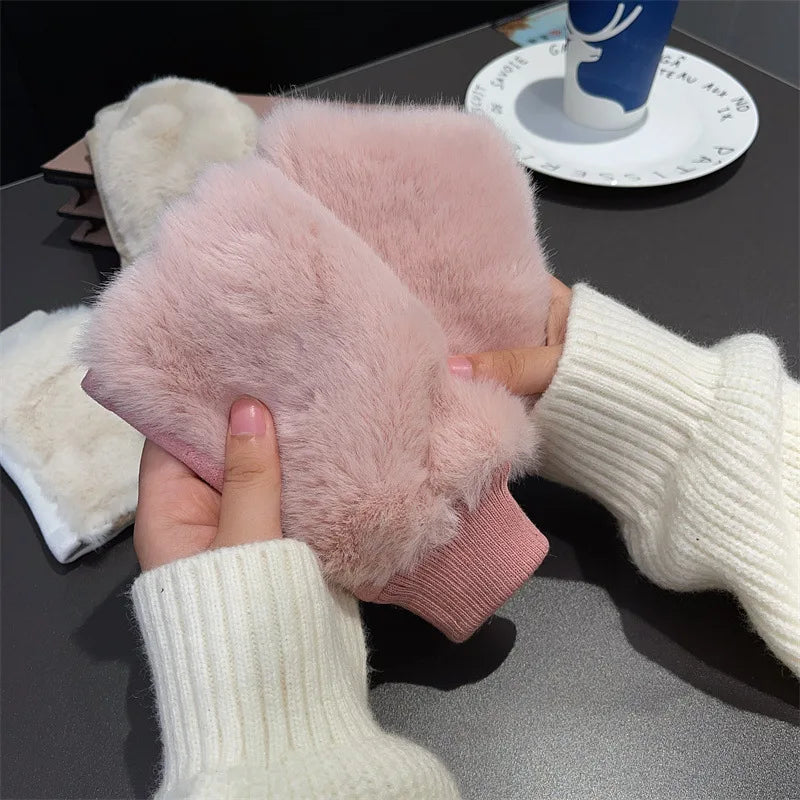 Winter Korean version half -finger leopard gloves suede iconic fur gloves, students with velvet fur, warm gloves wholesale