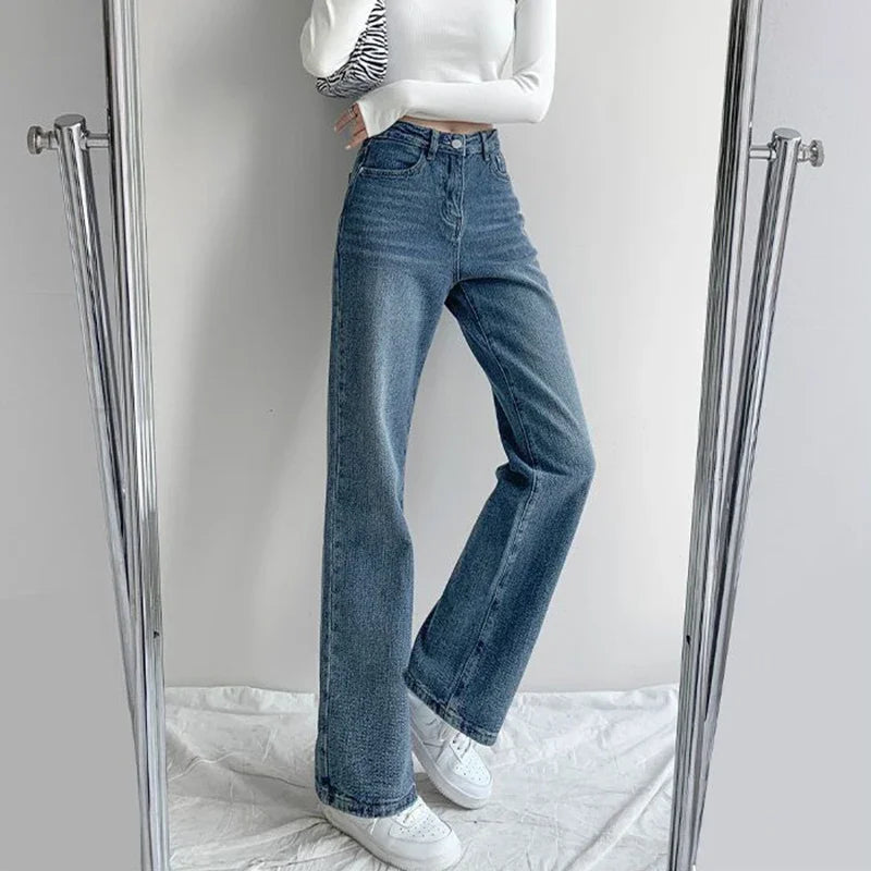 2025 Women Baggy High Waisted Jeans Pants Girls Straight Leg Casual Denim Pants Lady Fashion Dark Blue Jeans Trousers