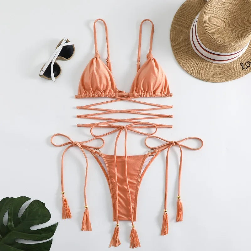 2024 Luxury Bikini Set Women Sexy Swimsuit High Cut Bandage Bikini Set Bathing Suit With Tassels Summer Brazilian Biquini