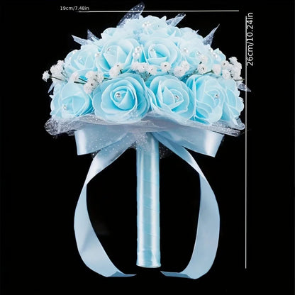 1pc Blue Artificial Rose Bouquet, Real Touch Hydrangea Bouquet, Wedding Engagement Birthday Bride Decoration Bouquet