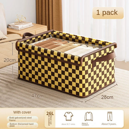 Checkered Fabric Clothing Storage Box - Galvanized Steel Frame - Breathable, Moisture-Proof, Foldable, Home Organizer - With Lid