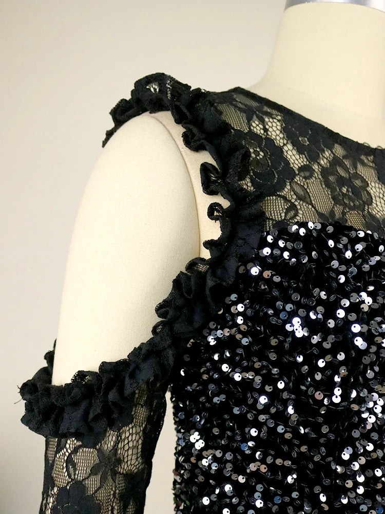 AOMEI Black Velvet Dress Women Sequin Glitter Vintage Cold Shoulder Lace Long Sleeve Shiny Prom Luxury Bling Evening Party Gowns