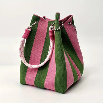Trendy Woven Bucket Bag for Women, Korean Fashion Knitted Handheld Shoulder Bag, Lightweight Tote for Vacation Shopping Travel