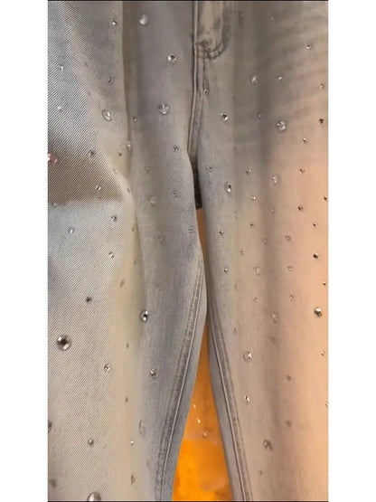 2025 Light-colored Diamond-encrusted High-waisted Loose and Thin Wide-leg Straight-leg Jeans Women's Mopping Long Pants