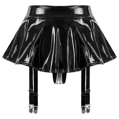 Womens Glossy Patent Leather Ruffle Mini Skirt Built-in Thongs Garter Belts Metal Clips Shorts Miniskirt Pole Dance Clubwear