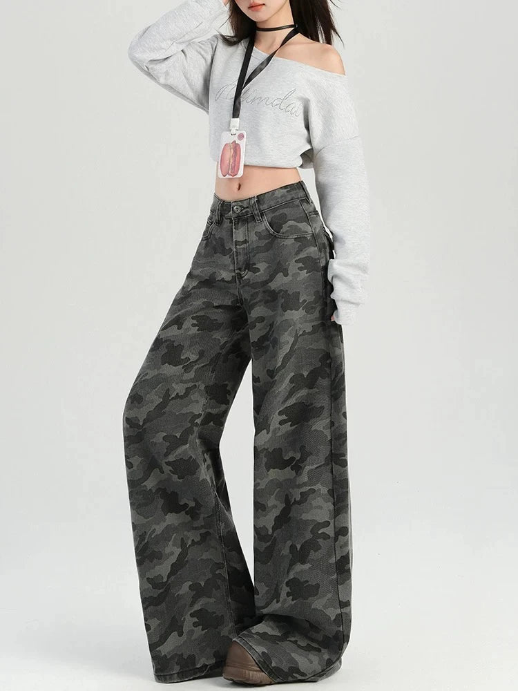American High Street Fashion Cargo Pants Female Autumn Retro High Waist Women Pants Loose Slim Straight Leg Casual Woman Pants