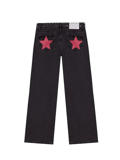 Y2K Vintage Jeans Women High Waisted Denim Pants Five Pointed Star Print Harajuku Street Baggy Casual Straight Leg Trousers