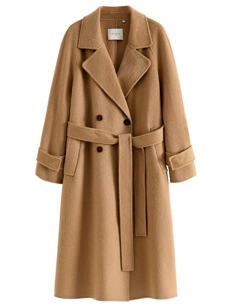 DUSHU 100% Wool Temperament Camel Color Women Long Double Breasted Woolen Coat Raglan Sleeve Belt Design Female Wool Jackets