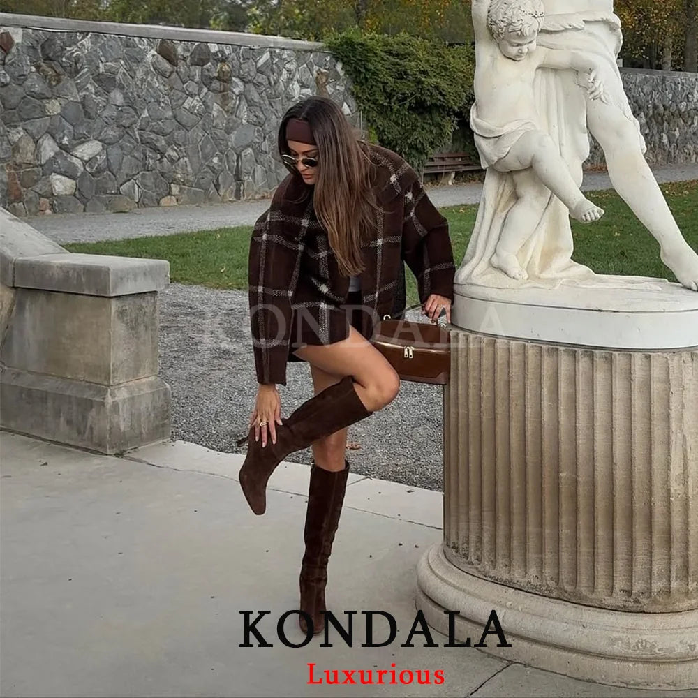 KONDALA Vintage Plaid Knit Scarf Jackets Women Open Stitch Scarf Pockets Loose Coats Fashion 2025 Autumn Winter Casual Outwears
