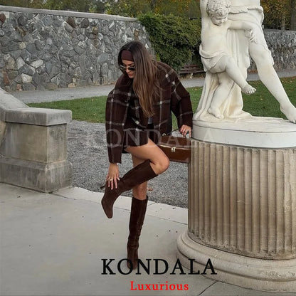 KONDALA Vintage Plaid Knit Scarf Jackets Women Open Stitch Scarf Pockets Loose Coats Fashion 2025 Autumn Winter Casual Outwears