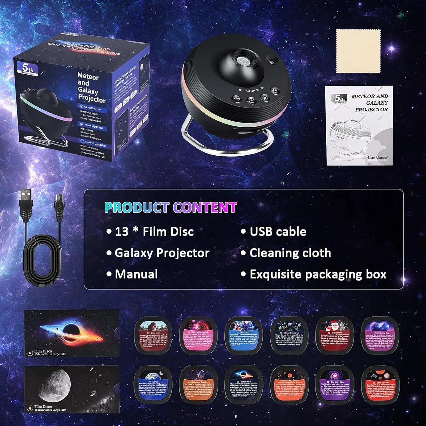 13 in 1 Star Projector Night Light 360° Degree Rotating 4K HD Galaxy Projector Bedroom With Timer Planetarium Projector For Kids