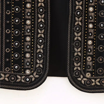 Ethnic Black Embroidery Bling Gold Line Flower WaistCoat Women BOHO Open Sleeveless Vest Jacket Outfits Vacation Loose Tops