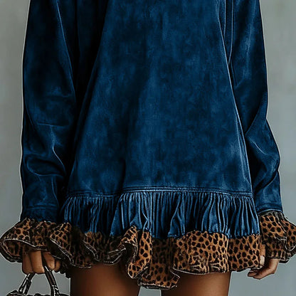 Vintage Fashion Patchwork Leopard Ruffle Dress Woman Casual Turtleneck Slim Mini Dress Autumn Long Sleeve Female Pullovers Dress