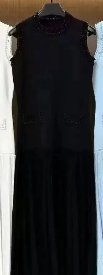Pearls Decorated Women Round Neck Sleeveless Splicing Knitted Sweater Dress Elegant Or Short Knitted 2025 Spring New Women P8QA