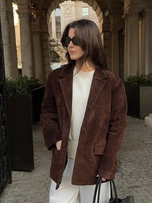 Vintage Brown Suede Jacket for Women Single Breasted Turn-down Collar Blazer with Pocket Casual Office Outerwear Autumn 2025