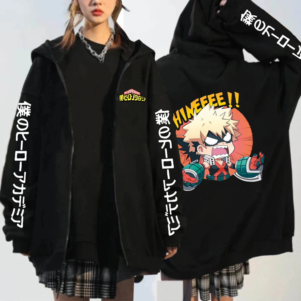Japan Anime My Hero Academia Unisex Black Long Sleeve Zipper Hoodies Funny Katsuki Bakugou Cartoon Casual Men Winter Coats