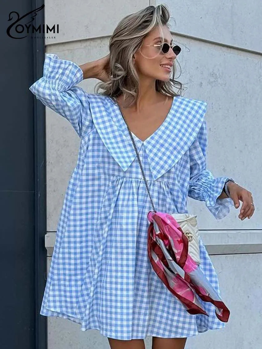 Oymimi Elegant Blue Cotton Dresses 2024 Women Fashion Print Three Quarter Sleeve Looes Dresses Casual New Pleated Mini Dress