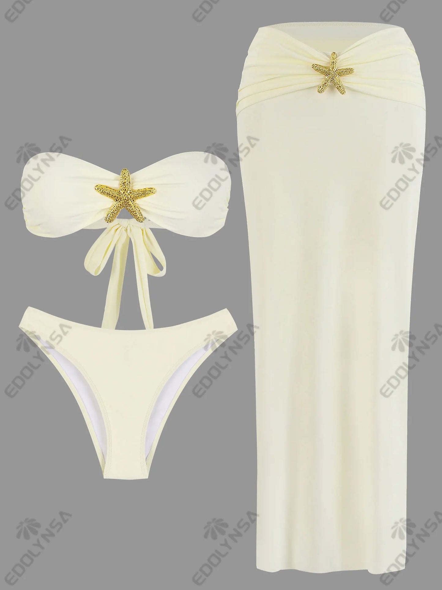 3 Piece Swimsuit Sets Female Bandeau Bikini Sets Starfish Bathing Suit Women Pleated Beach Party Dress Sexy Honeymoon Dress K162