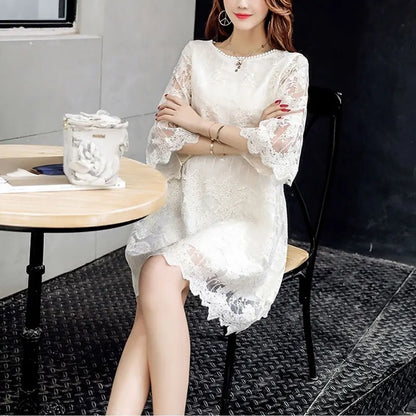 Women's Clothing Elegant Lace Patchwork Midi Dress O-Neck Spring Summer 3/4 Sleeve Commute A-Line Fashion Hollow Out Dresses New