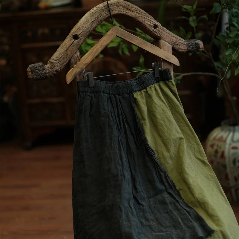 Johnature Women Vintage Patchwork Linen A-Line Skirts Elastic Waist Green 2025 Autumn Chinese Style Women High Quality Skirts