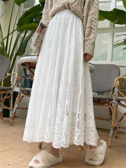 REALEFT Vintage Women's Lace Crochet Umbrella Long Skirts Bohemian High Waist Hollow Out Female Maxi Skirts Spring Summer