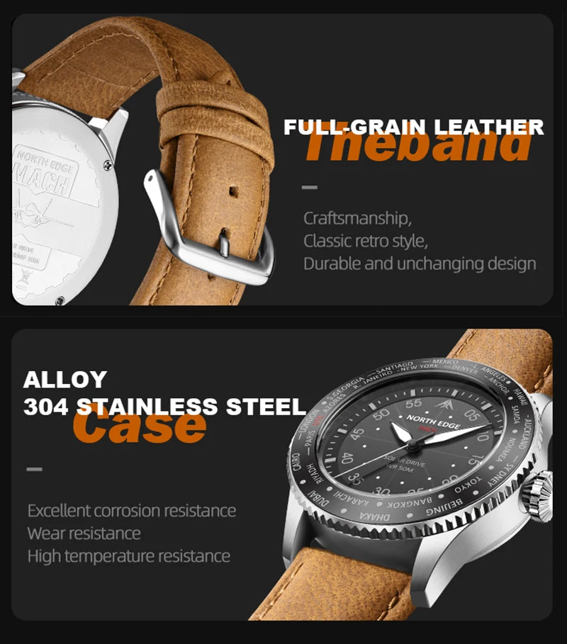 NORTH EDGE 2024 MACH Solar Power Quartz Watch Men's Pilot Sports Wristwatches Luminous Enviormentally Clock Men Waterproof 50M