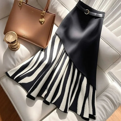 Irregualr Design Waistband Wrapped Hip Slim Mermaid Skirt Women's 2025 Spring New Tide Striped Patchwork Half Long Skirt