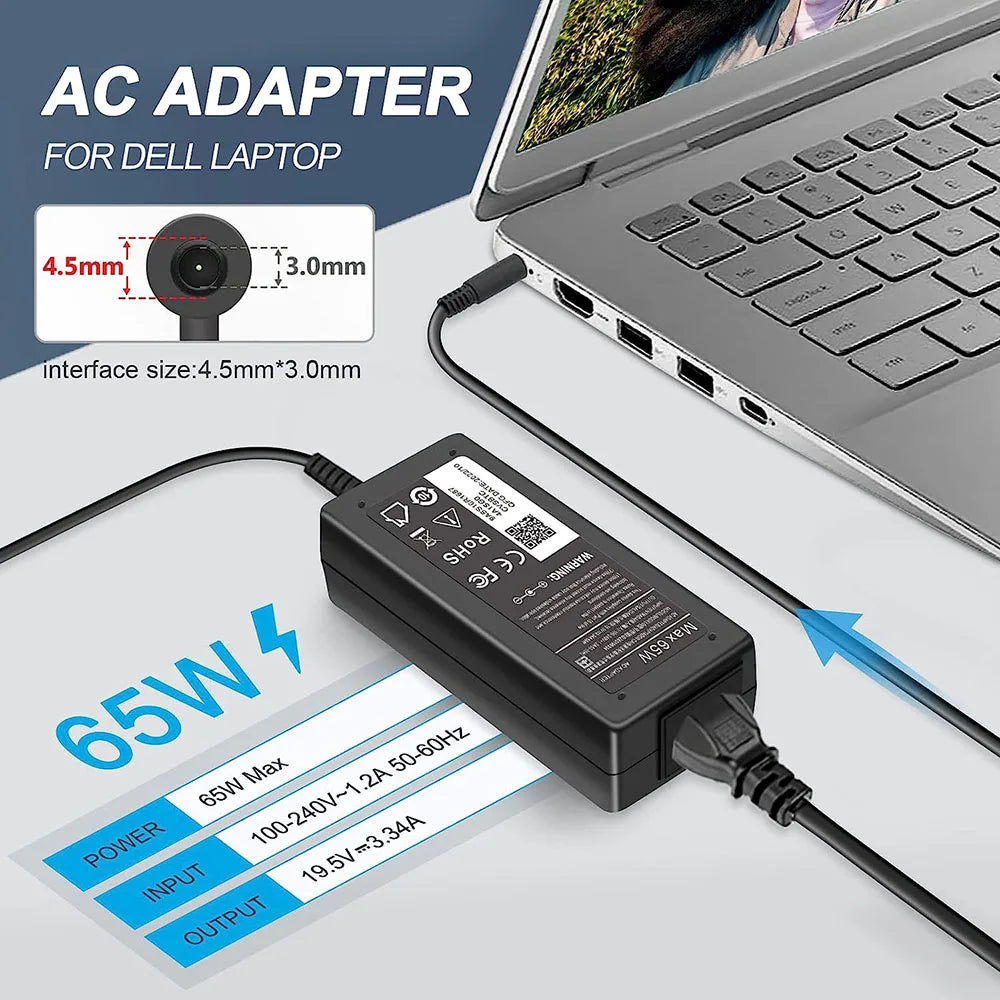65W AC Adapter for Dell Latitude 3540 3440 3420 3520 3430 3320 3340 Business Laptop Charger 4.5mm Tip with Power Supply Cord
