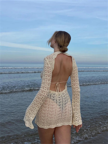 Boho Summer Backless Tie-up Mini Beach Dress Holiday Women Long Sleeve Round Neck Hollow Out Knitted Mini Dress Bikini Cover-ups