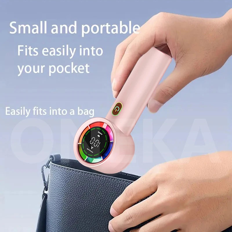Portable handheld fan, 4 trendy colors, delivers refreshing cool breeze, stylish and versatile, with long-lasting battery life.