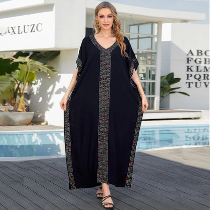 Embroidery Beach Kaftan Dress for Women Short Sleeve Bikini Swimsuit Cover Up