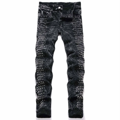 2025 new retro punk high street trendy rivet design black slim fit buckle men's jeans fashion classic denim pants