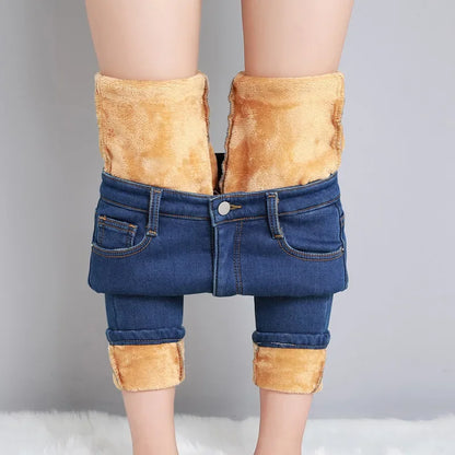 Pure Color Fleece Lined Thickened Slim Fit High Waist Jeans Women's Fashion plus Size Long Pants Tight Bodycon Style